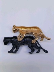 Signed Jackie Collins Leopard Panther Brooch Pair Black Gold Enamel Green Eyes