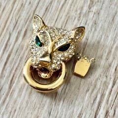Vtg Green Eyed Cat Cougar Jaguar Statement Necklace Clasp Gold Tone Missing Gems