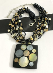 Vintage Multi Strand Necklace w/ Mother of Pearl Inlay Square Pendant