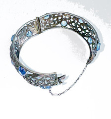 Vintage .835 Silver Hinged Cuff Bracelet w/Marcasites & Pastel Blue Round Gems