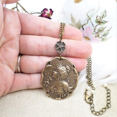 Brass Cameo Maiden Necklace, Art Nouveau Romantic Handmade Victorian Jewelry