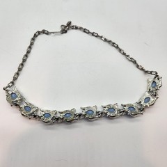 Vtg Blue Cabochon Rhinestone Necklace Silver Tone Mid Century Statement Choker