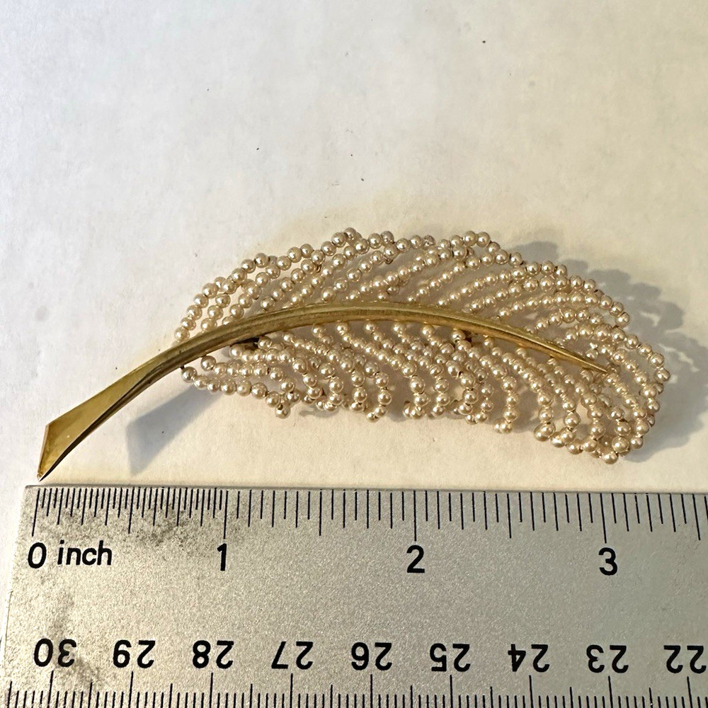 Gold Tone Feather Broach Ivory Seed Beads, 1950s Vintage Elegant Costume MCM