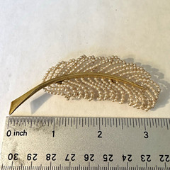 Gold Tone Feather Broach Ivory Seed Beads, 1950s Vintage Elegant Costume MCM