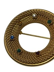 Vintage Gold Tone Mesh Multi Color Rhinestone Circle Brooch Pin