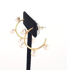 Vtg Gold Tone Multi Pearl Curved Hoop Statement Dangle Drop Stud Post Earrings