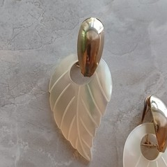 Vintage Midcentury Gold & White Mother Of Pearl Carved Leaf Omega Clip Earrings