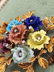 Vintage Italy 18K Gold Colorful Flower & Diamond Brooch KG Old Italian Jewelry