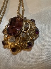 Vtg Mid Century Germany Amethyst Purple Crystal Rhinestone Pendant Necklace