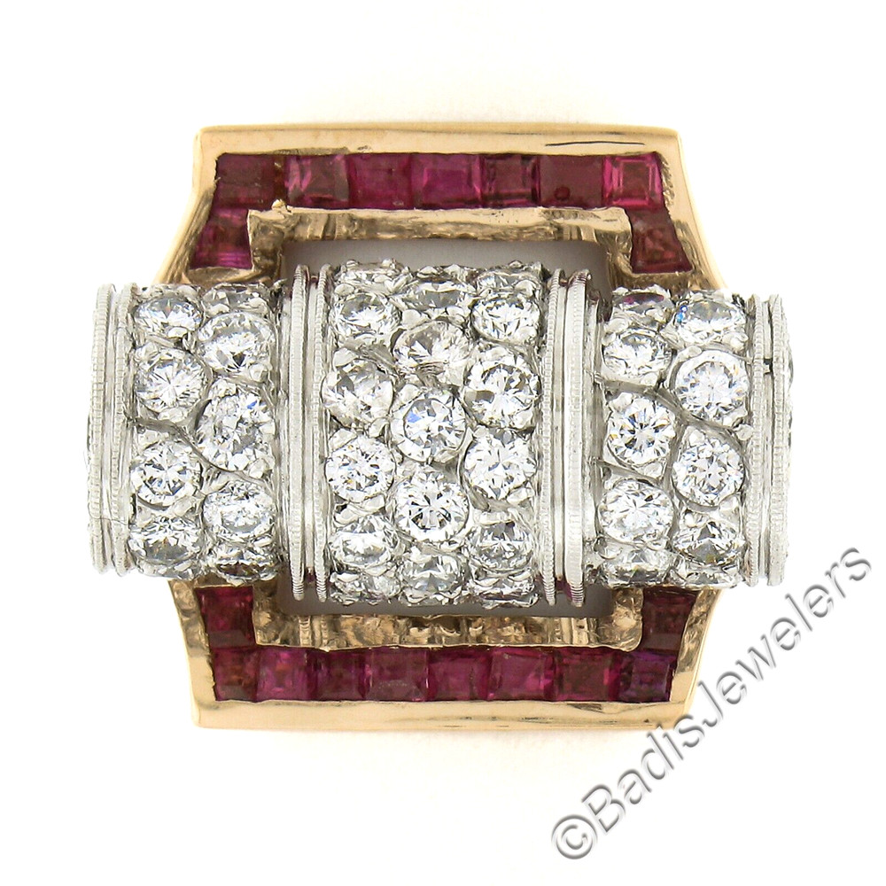 Unique Vintage Retro 14k Gold & Platinum 2.75ctw Diamond & Ruby Insert Ring Set