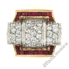 Unique Vintage Retro 14k Gold & Platinum 2.75ctw Diamond & Ruby Insert Ring Set