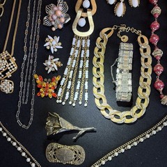 Vintage 1960’s Rhinestone & Faux Pearl Gold Silver Tone Designer Costume Jewelry