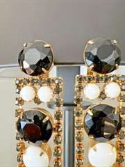 VINTAGE 1980’s BLACK RHINESTONE & MILK GLASS DANGLE CHANDELIER EARRINGS