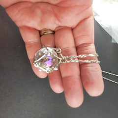 Vintage Clear Faceted Cut Crystal Pendant In Silver Tone Cage Long 30″ Necklace