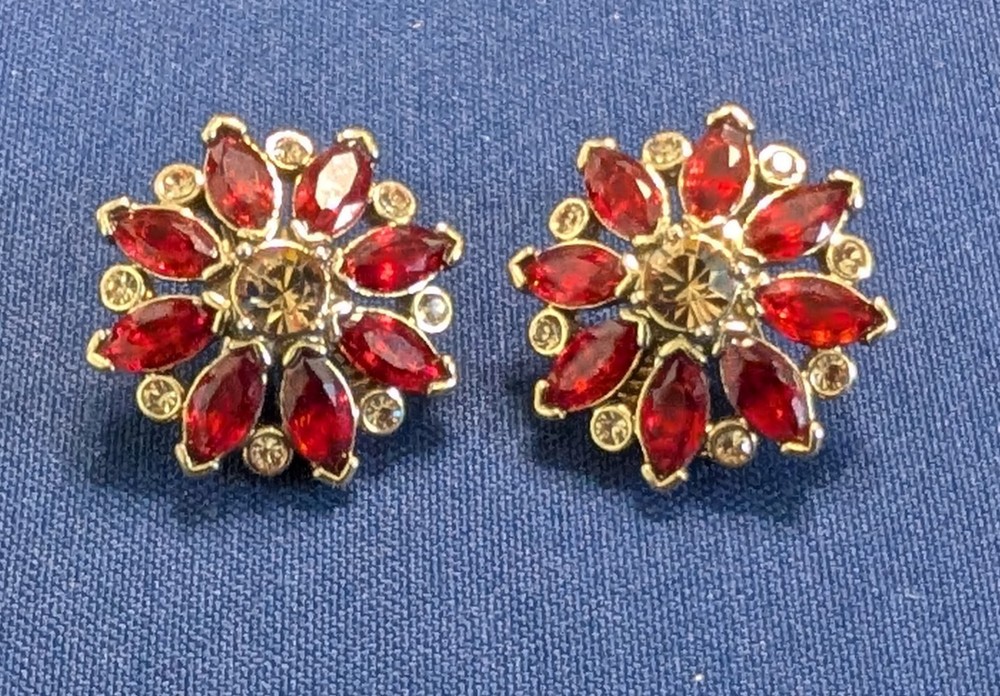 Monet Signed Red Rhinestone Clip On Earrings Gold Tone Marquise Cluster Vintage
