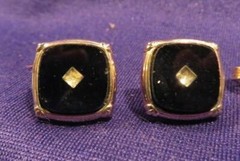Vintage Goldtone & Black Enamel Tie Bar & Cufflinks Set w/ Faux (?) Diamonds