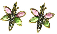 Gold Tone Pink Green Glass Bezel Set Butterfly Earrings Leverback Close 1.25″