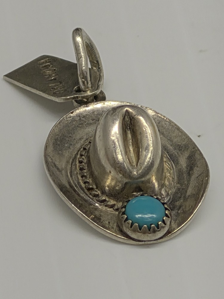 Sterling Silver Cowboy Hat Charm W/ Turquoise Stone | .925 1.8 Grams | Free Ship