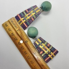 Vtg Big 80’s Wearable Art Statement Earrings Wood Basket Weave Purple Green Drop