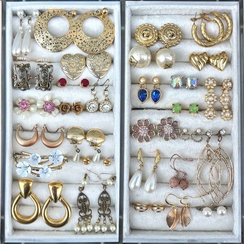 Vintage Earrings Lot 30 Pairs Gold Tone Post Rhinestone Flower Romantic Cute