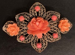 Vintage Rose Brooch Filigree Flower Floral Cut Out Prongs Leaf Peach Coral Pin
