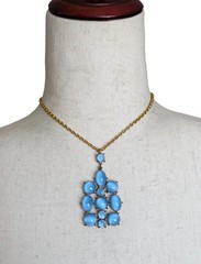 Vintage Blue Glass Pendant Necklace Moonglow Floral Statement Cabochon