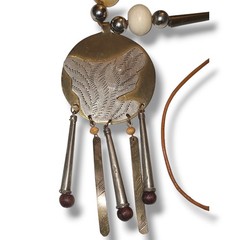 Vintage Artisan Modernist Pendant Necklace Leather Cord Brass Wood Beads