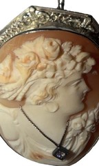 Antique Art Deco Solid 14K White Gold Habille Shell Cameo Brooch Pendant Diamond