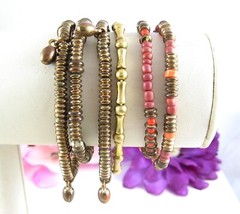 Lot of 6 Vintage BRACELETS Goldtone BEADED Orange Pinks Bead Metal Glass Plastic