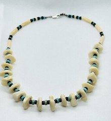 Chunky Handmade Necklace: Bone, Turquoise & Horn w Sterling Closure.