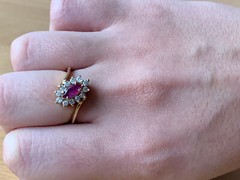 VINTAGE 14K YELLOW GOLD RED NAVETTE MARQUISE CUT GENUINE RUBY AND DIAMONDS RING
