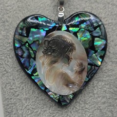Vintage Heart Necklace Mosaic Cameo Style Iridescent Pendant 23 Inch