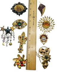 Vintage Lot 9 Glass Rhinestone Glam Statement 30’s-80’s Glass Brooches RESALE