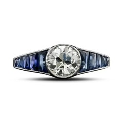 Art Deco Lab Created Diamond & Sapphire 14K White Gold Finish Party Wear Ring