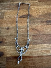 Vintage ArtDeco Necklace Clear / Gray Rhinestone Rhodium Plate Prong Princess