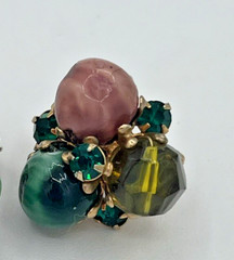 Vintage Vogue Gold Tone Beaded & Rhinestone Clip On Earrings | Retro Costume