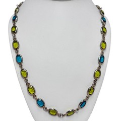 Vintage Silver Tone Necklace w/Framed Blue & Green Faceted Crystal Ovals