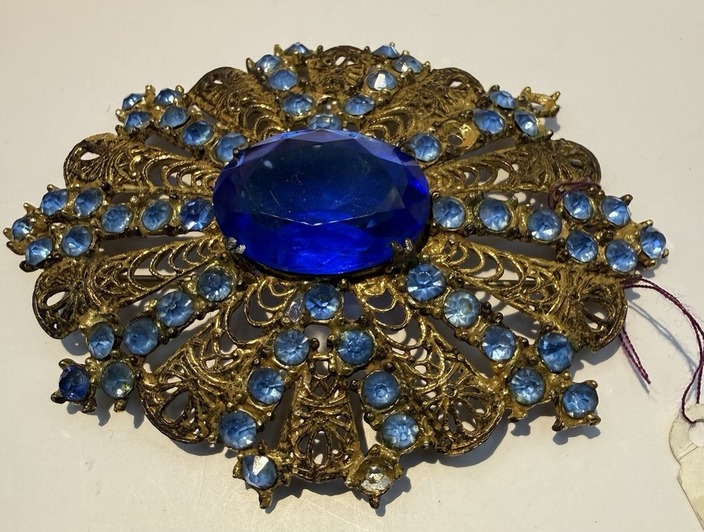 Vintage Antique Czech Gilt Filigree Cobalt Blue Glass Brooch Pin-Estate