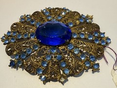 Vintage Antique Czech Gilt Filigree Cobalt Blue Glass Brooch Pin-Estate