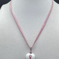 Vinatge Pink Ribbon Porcelain Heart Pendant Necklace Suede Cord Toggle