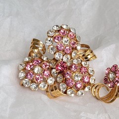 Vintage Mid-Century Pink and White Rhinestone Pendant / Brooch and Earrings Set