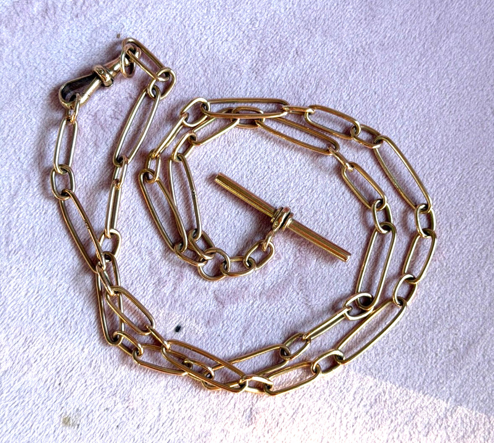 Antique 9K Rose Gold Watch Chain Dog Clip T Bar Trombone Paperclip Link 24g
