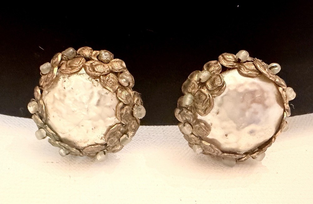 Vintage Miriam Haskell Brass Filigree Faux Pearl Clip On Earrings Mid Century