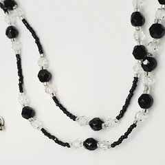 Modern Art Deco Black Clear Cut Crystal Bead Silver Tone Vintage Necklace 31 in