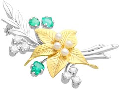 0.78Ct Emerald 0.55Ct Diamond and Pearl 18k Yellow Gold and Platinum Brooch