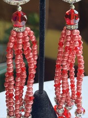 Vintage Super Long Dangle Drop Red Crystal Rivoli Pink Pearl Clip On Earrings