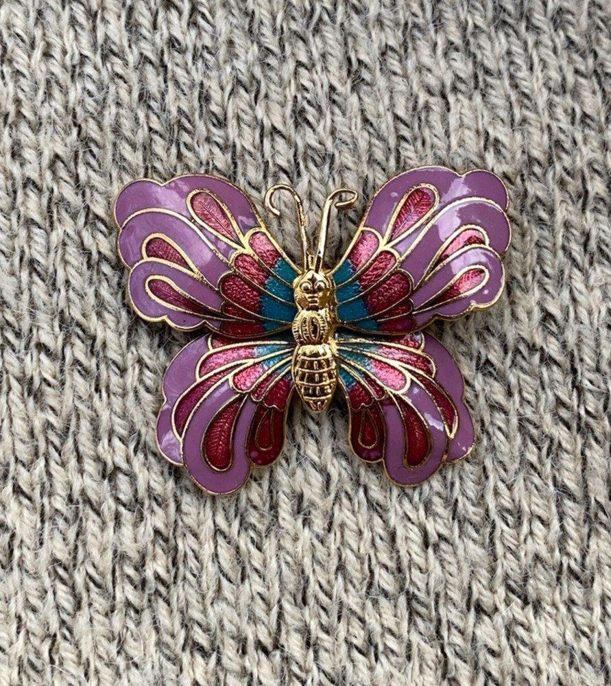 Vintage Butterfly Brooch Cloisone 3D Enamel Pink Lepidoptra 80s Gift Gold Tone