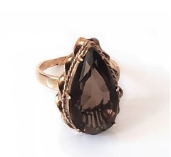 Retro 14K Gold 30s-40s Vintage Smoky Quartz Topaz 10 Ct Pear Huge Cocktail Ring