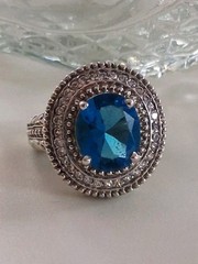 Vintage Art Deco London Blue Topaz CZ Halo Cocktail Ring Size 7 Sterling Silver