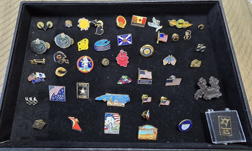 45 Pins Lot Vintage to Mod Jewelry Flags Cub State America